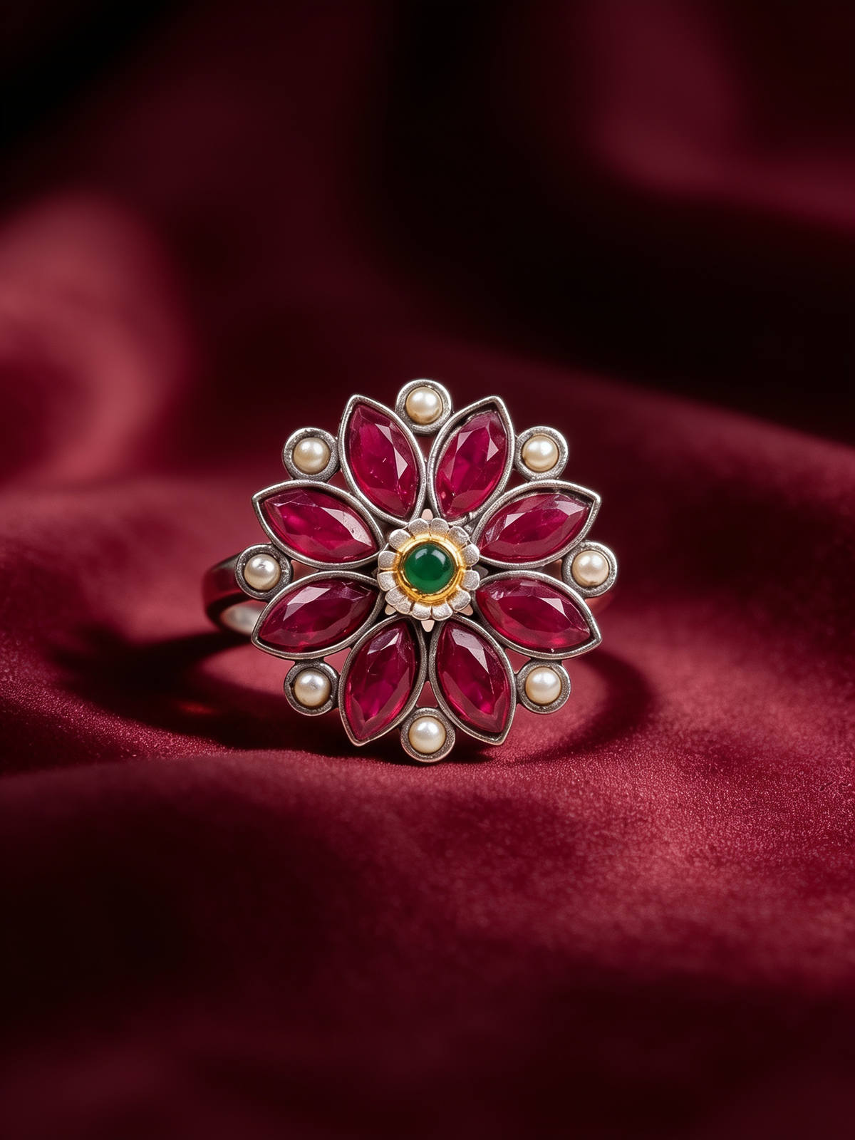Anant Pink Stone Floral Oxidised Silver-Look Ring