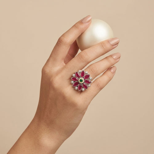 Anant Pink Stone Floral Oxidised Silver-Look Ring
