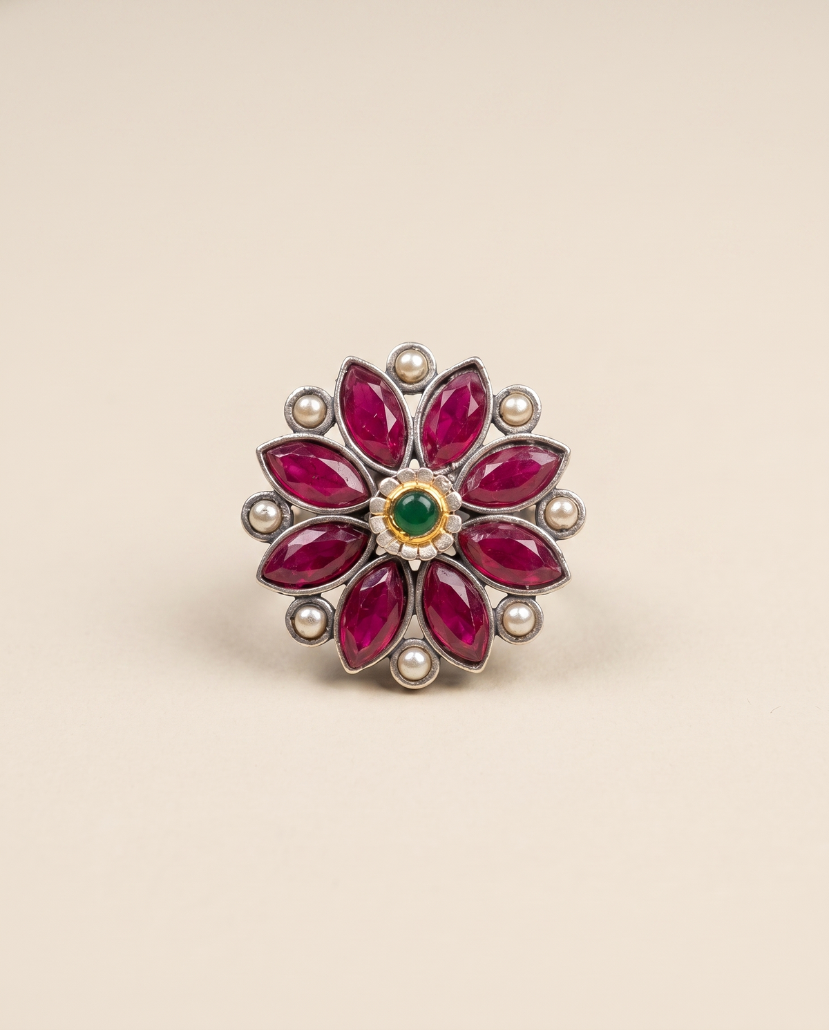 Anant Pink Stone Floral Oxidised Silver-Look Ring