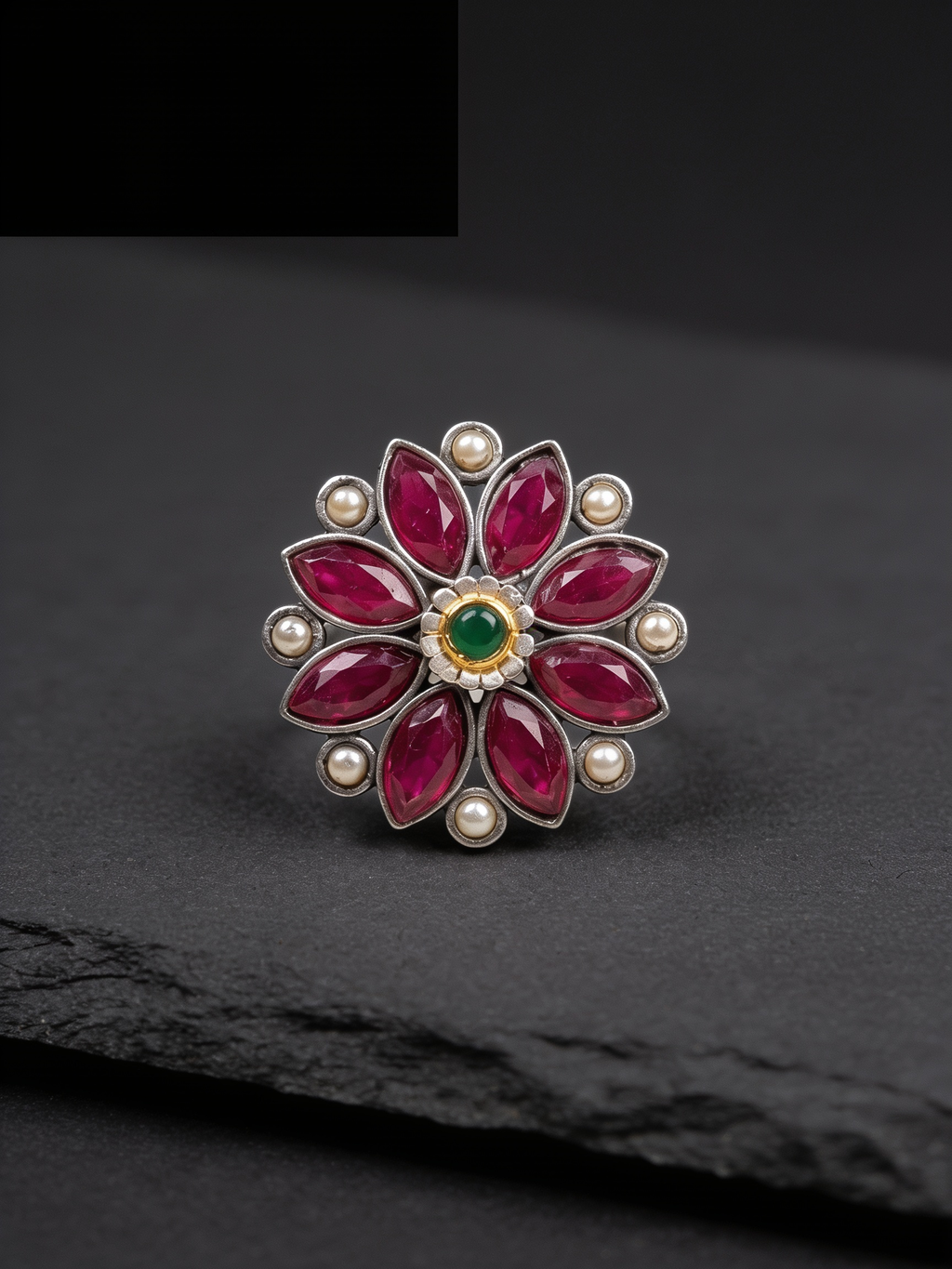 Anant Pink Stone Floral Oxidised Silver-Look Ring