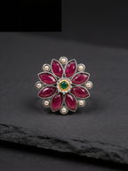 Anant Pink Stone Floral Oxidised Silver-Look Ring