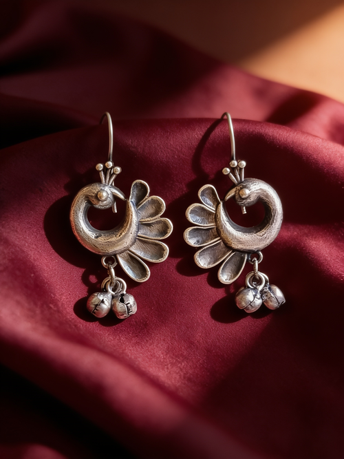 Chandrika Crescent Peacock Oxidised Silver-Look Earrings