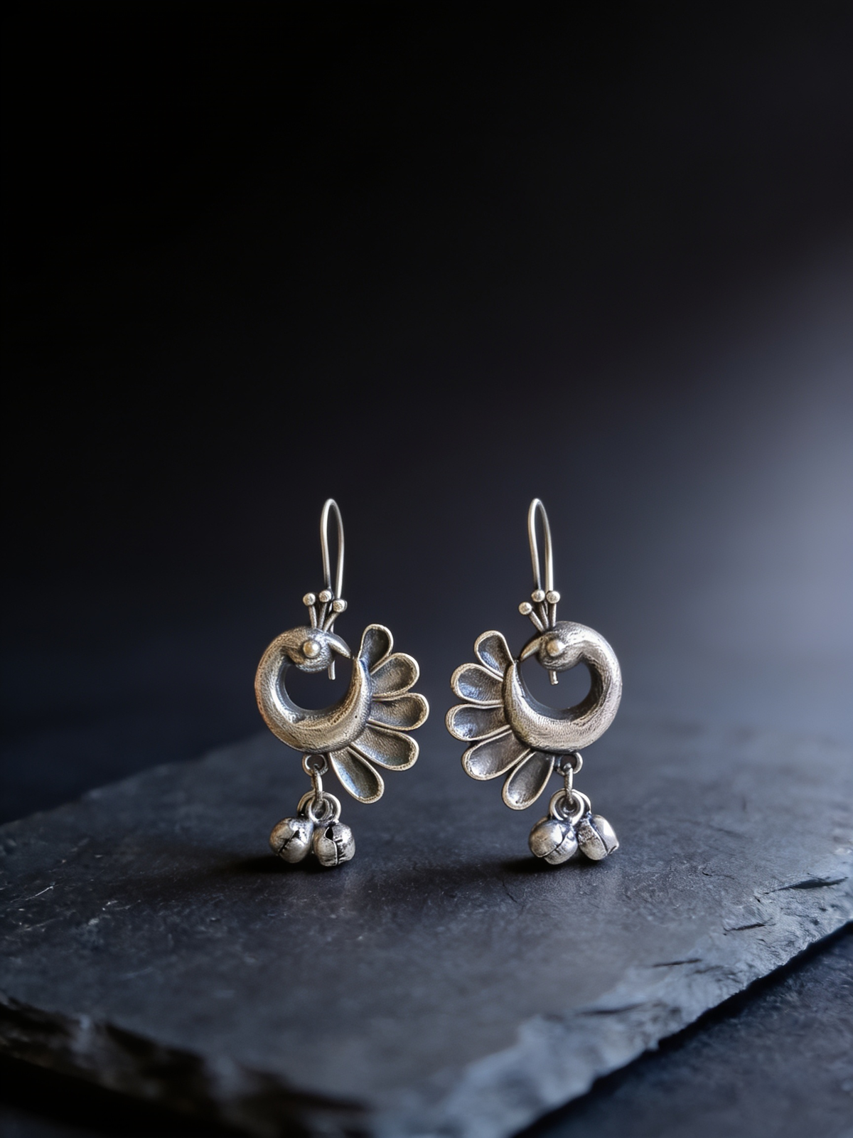 Chandrika Crescent Peacock Oxidised Silver-Look Earrings
