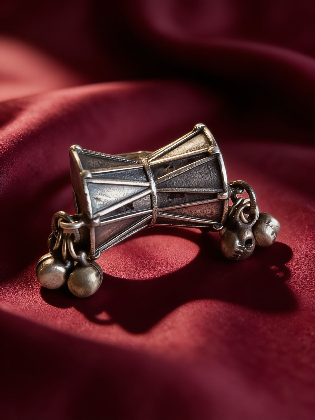 Damru Oxidised Silver-Look Statement Ring with Ghungroo