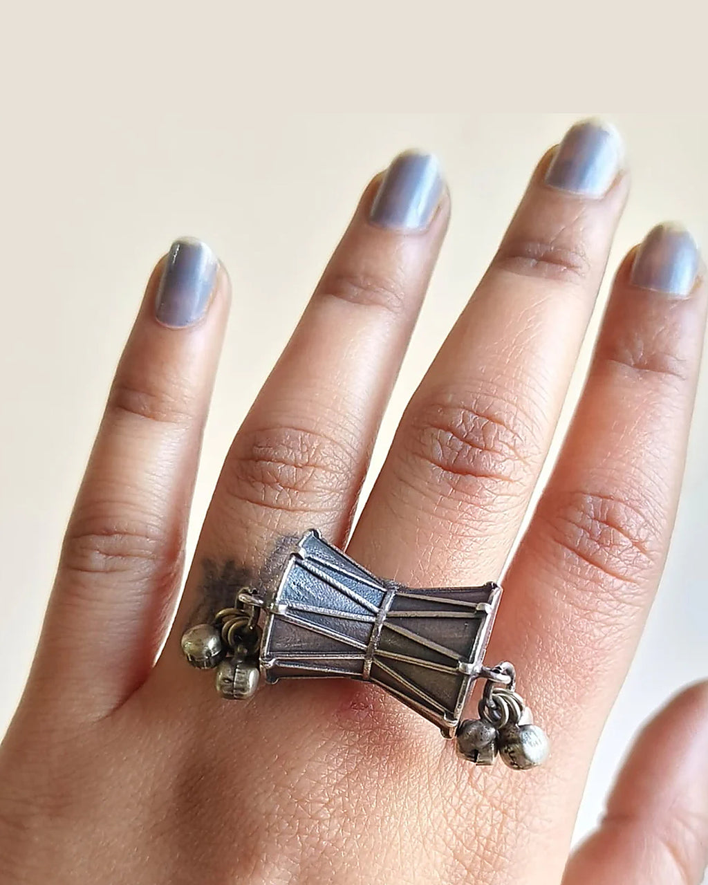 Damru Oxidised Silver-Look Statement Ring with Ghungroo