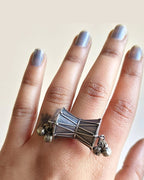 Damru Oxidised Silver-Look Statement Ring with Ghungroo
