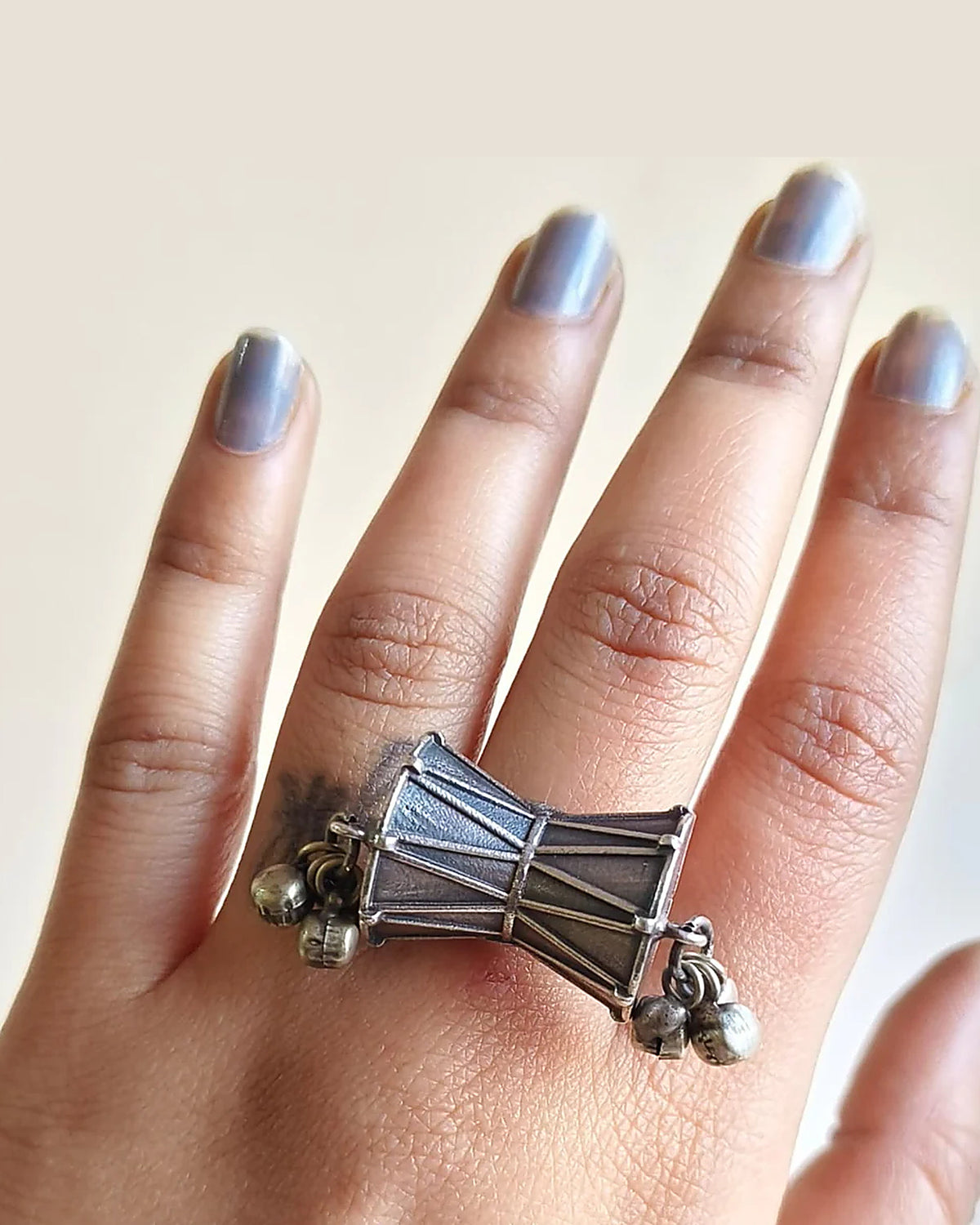 Damru Oxidised Silver-Look Statement Ring with Ghungroo