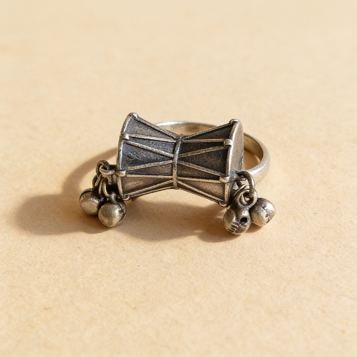 Damru Oxidised Silver-Look Statement Ring with Ghungroo