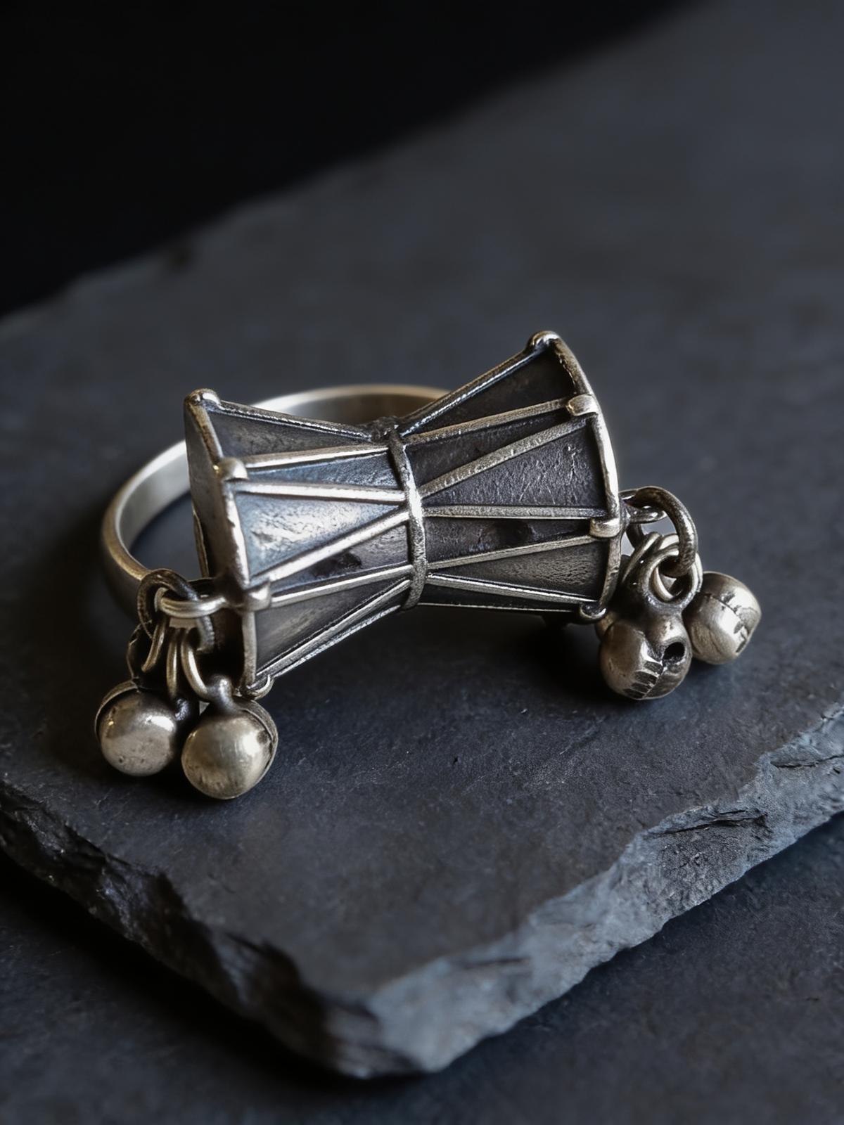 Damru Oxidised Silver-Look Statement Ring with Ghungroo