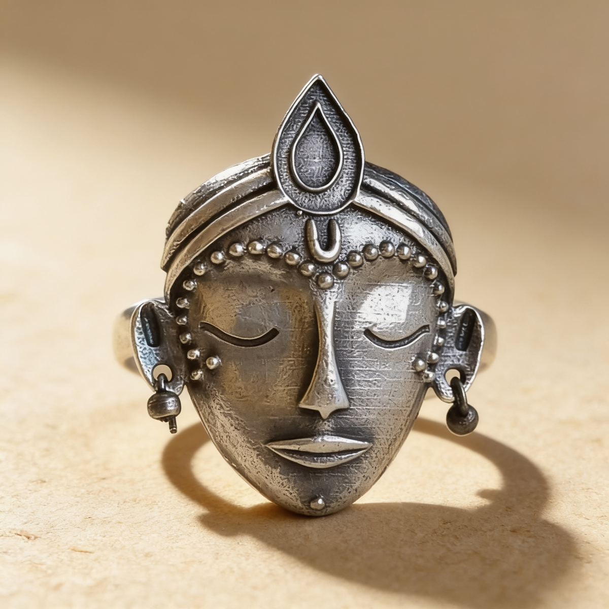 Devi Face Oxidised Silver-Look Adjustable Statement Ring
