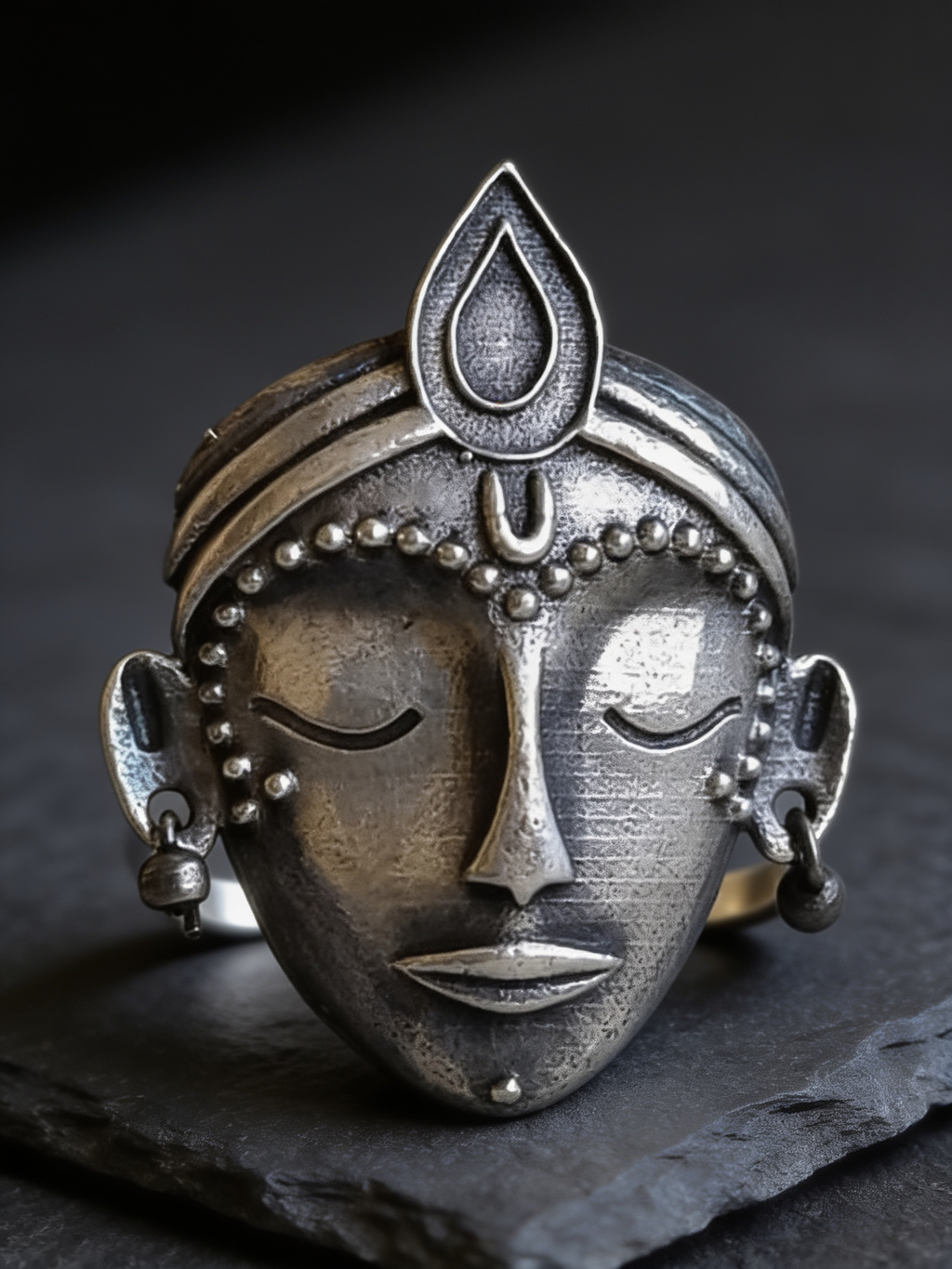 Devi Face Oxidised Silver-Look Adjustable Statement Ring