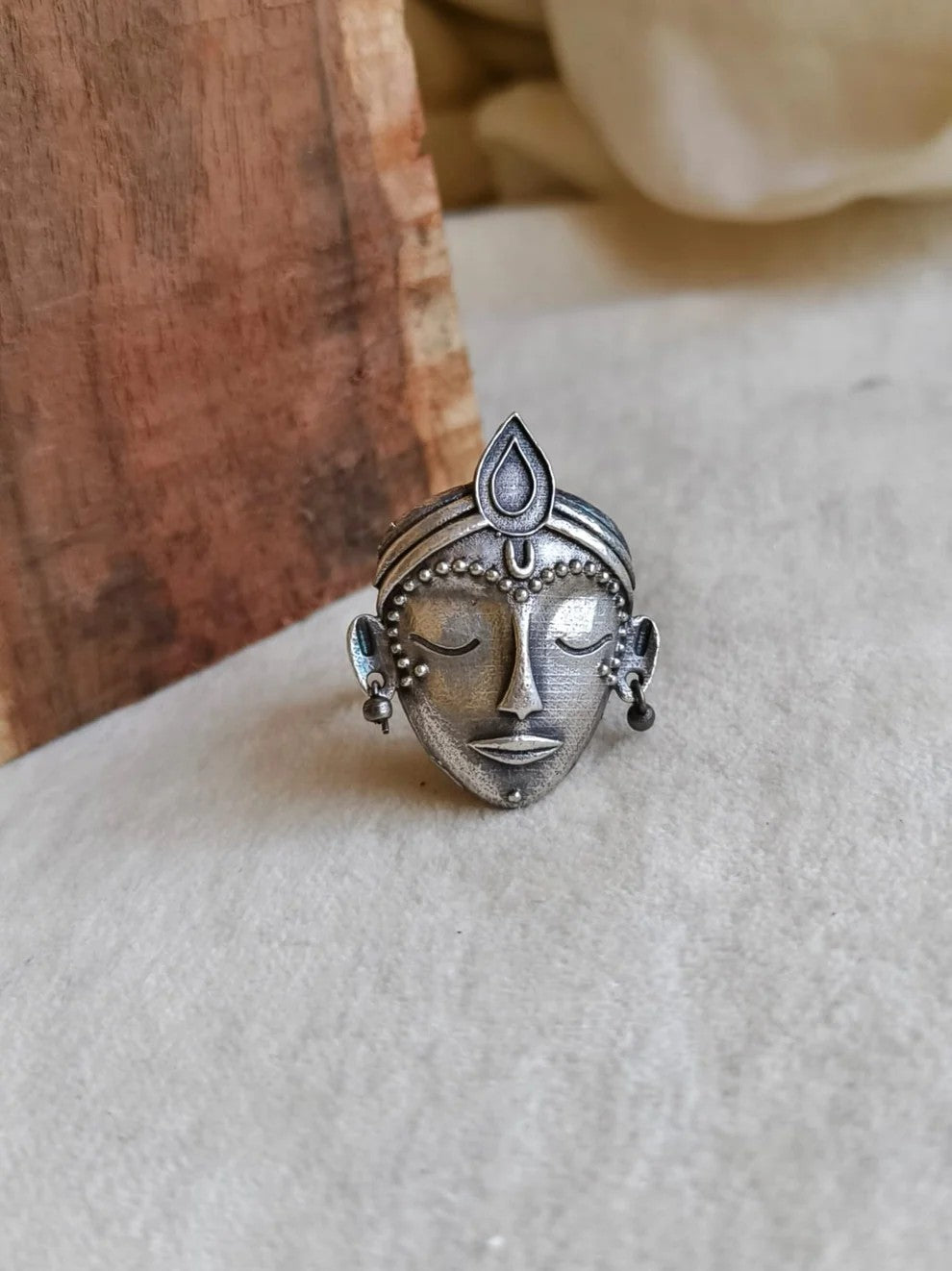Devi Face Oxidised Silver-Look Adjustable Statement Ring