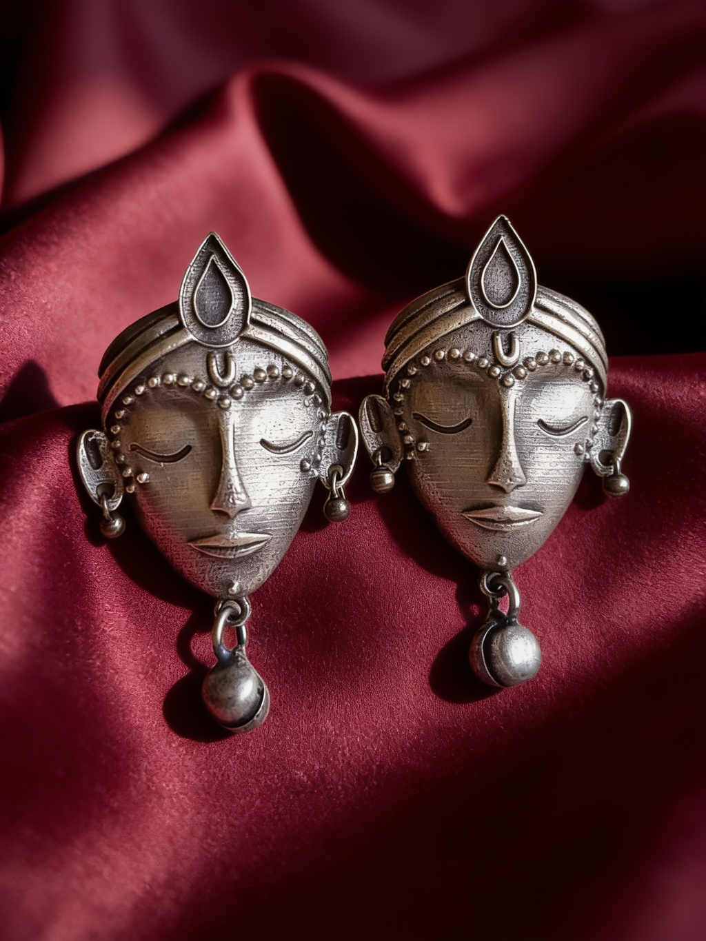 Devi Face Oxidised Silver-Look Stud Earrings with Bell Drop
