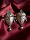 Devi Face Oxidised Silver-Look Stud Earrings with Bell Drop