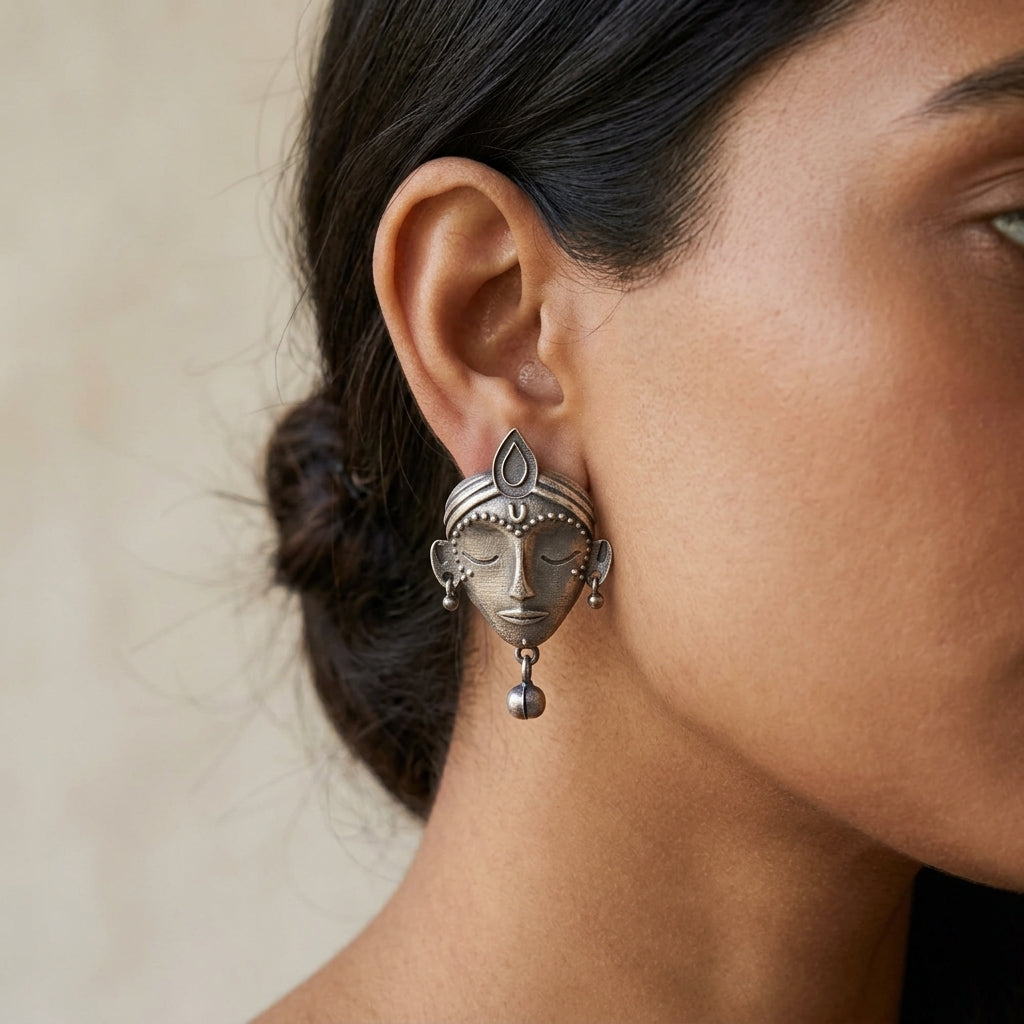 Devi Face Oxidised Silver-Look Stud Earrings with Bell Drop