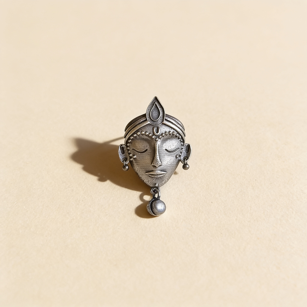 Devi Face Oxidised Silver-Look Stud Earrings with Bell Drop