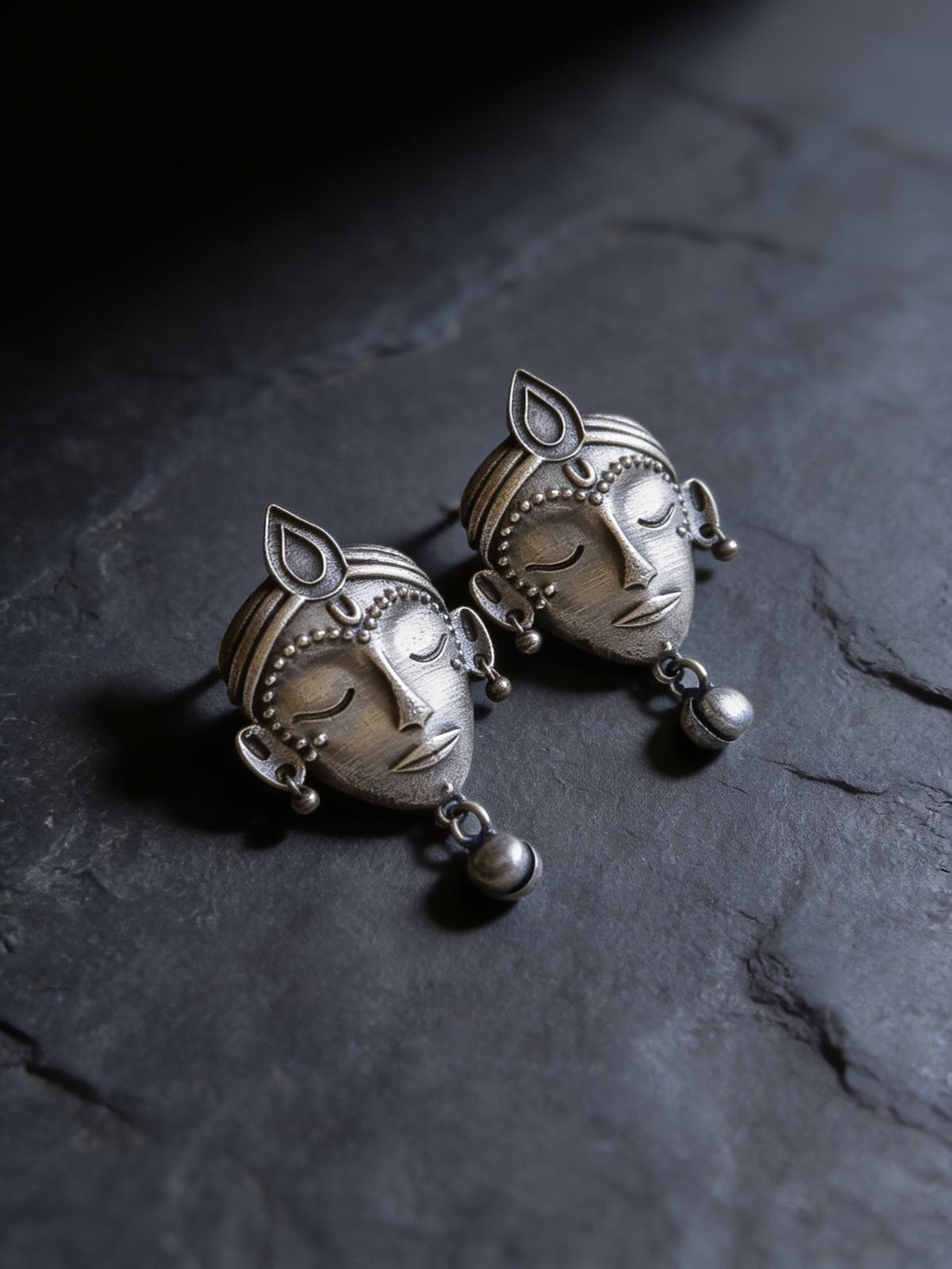 Devi Face Oxidised Silver-Look Stud Earrings with Bell Drop