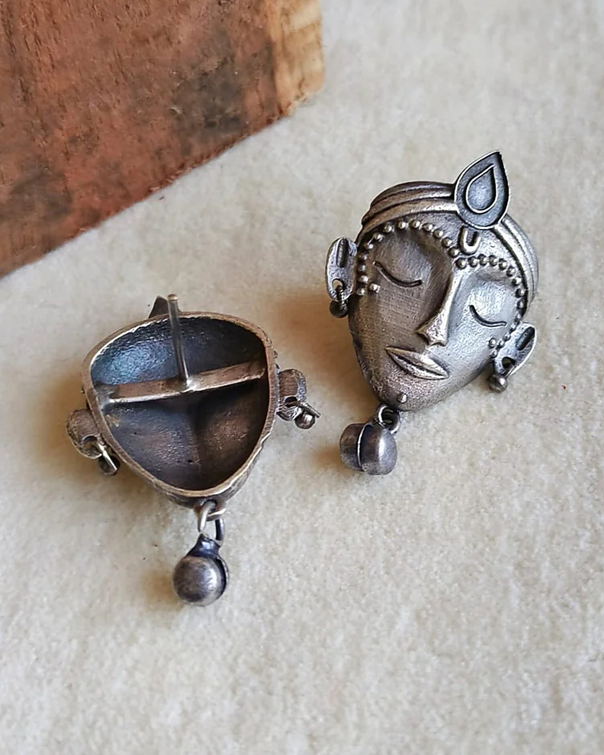 Devi Face Oxidised Silver-Look Stud Earrings with Bell Drop