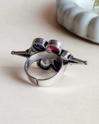 Oxidised silver-look brass adjustable ring shaped as a flower set with yellow, blue, pink, red and purple stones