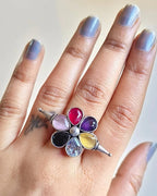 Oxidised silver-look brass adjustable ring shaped as a flower set with yellow, blue, pink, red and purple stones
