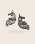 Oxidised silver-look brass drop earrings shaped as a peacock in fine open filigree work