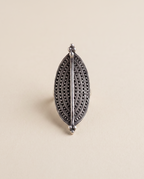 Virushka oxidised silver-look marquise ring — an elongated pointed oval of beaded granulation with a polished centre spine