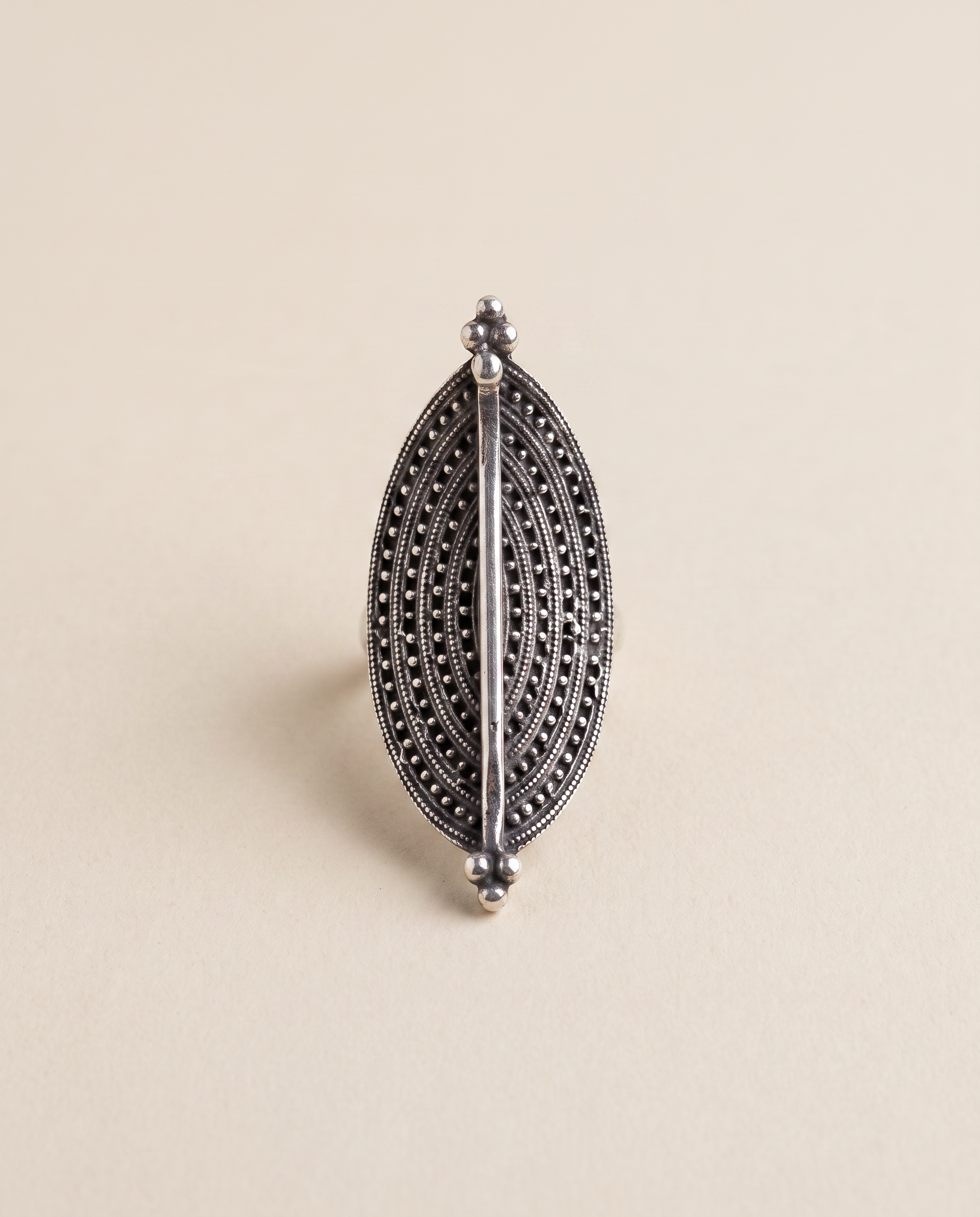 Virushka oxidised silver-look marquise ring — an elongated pointed oval of beaded granulation with a polished centre spine