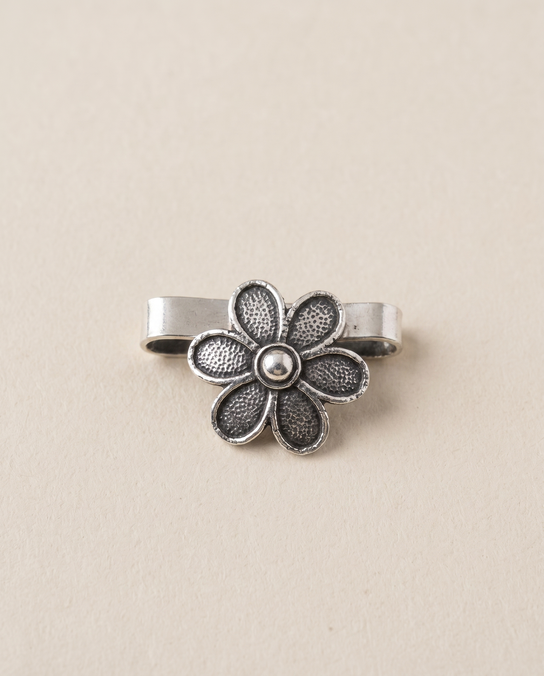 Lily oxidised silver-look five-petal flower clip-on nose pin with a plain silver bead centre
