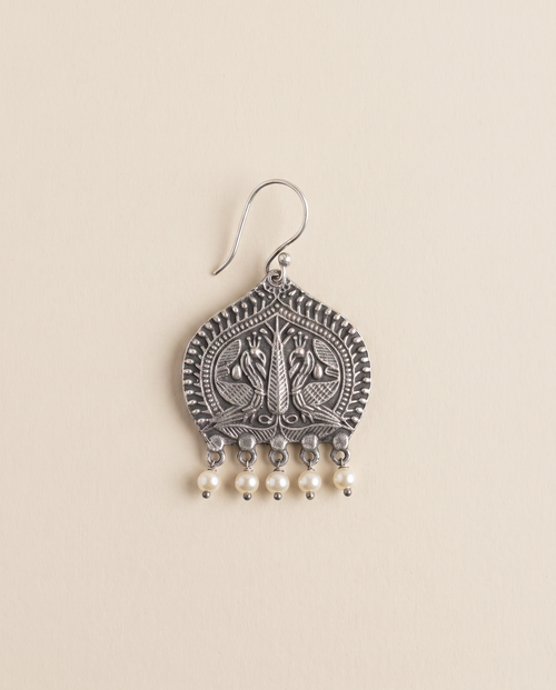 Madhuri Paan Leaf Peacock Oxidised Silver-Look Earrings