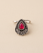 Zari oxidised silver-look beaded teardrop clip-on nose pin set with a red stone