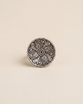 Ranchi oxidised silver-look ring with a flat round disc top engraved with a floral and scroll pattern