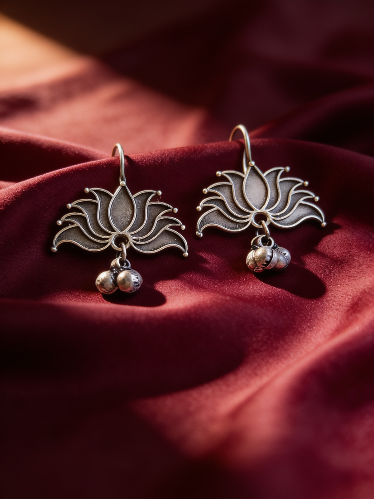 Kamal Lotus Oxidised Silver-Look Earrings with Ghungroo