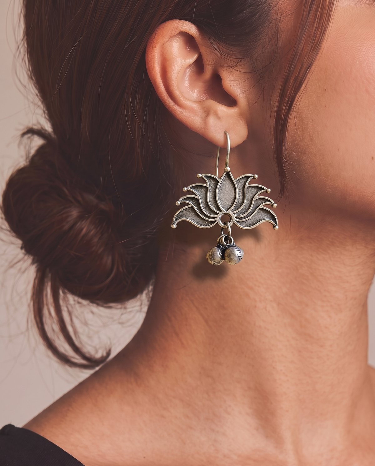 Kamal Lotus Oxidised Silver-Look Earrings with Ghungroo
