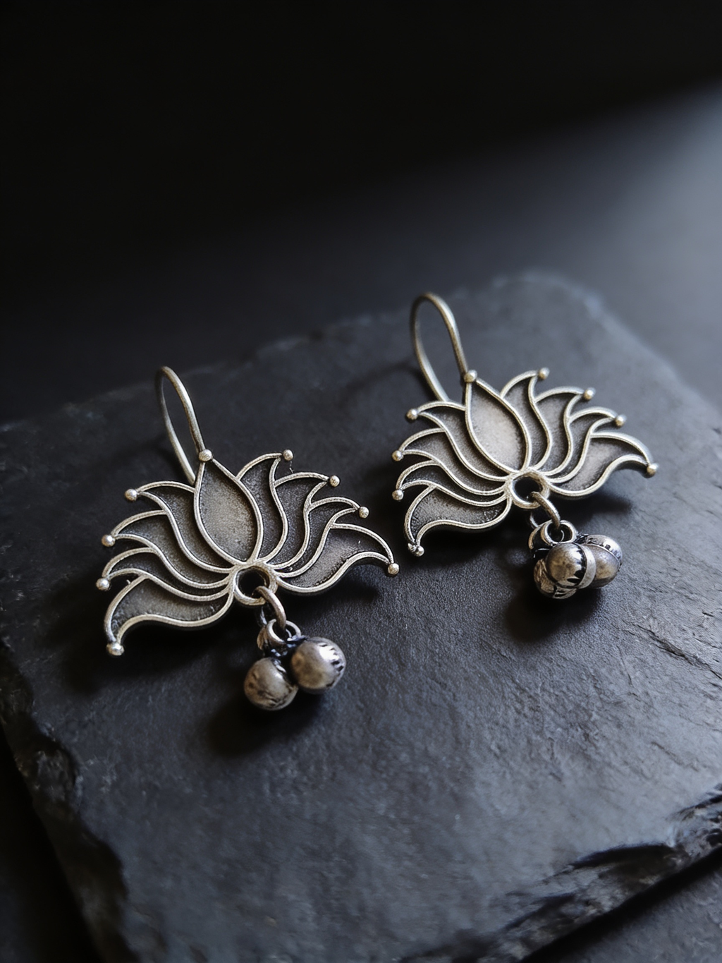 Kamal Lotus Oxidised Silver-Look Earrings with Ghungroo