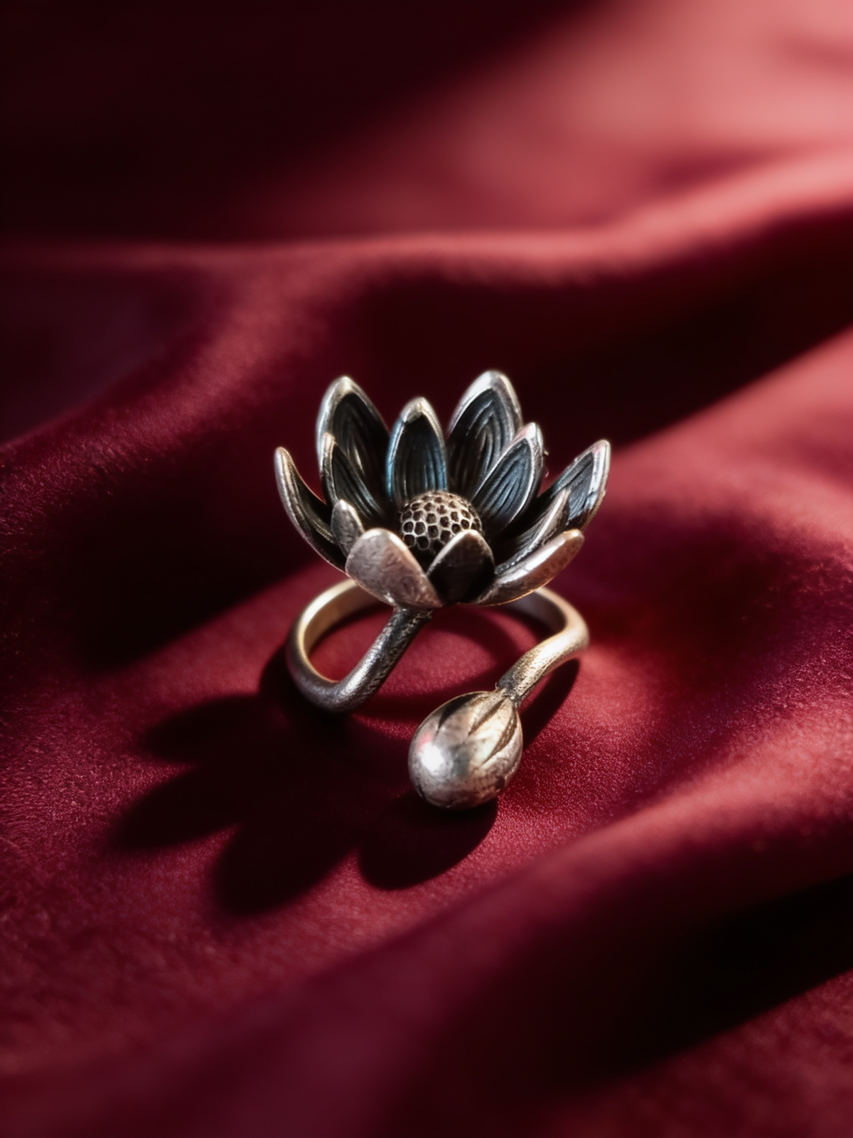 Lotus Bud Bloom Oxidised Silver-Look Adjustable Ring