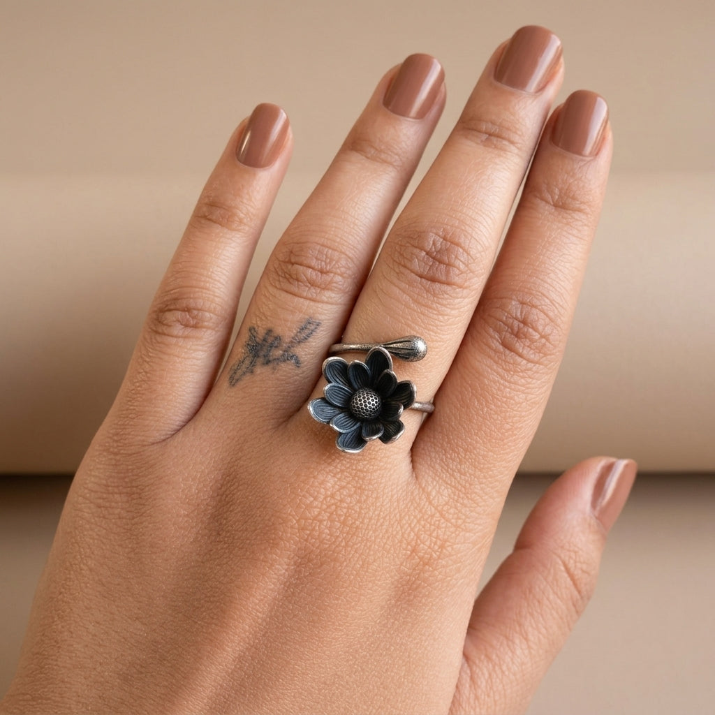 Lotus Bud Bloom Oxidised Silver-Look Adjustable Ring