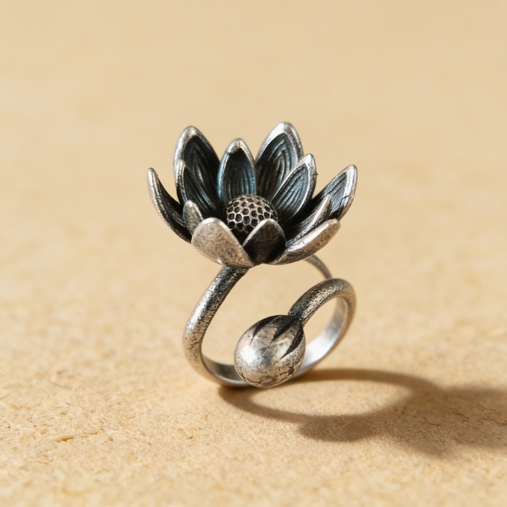 Lotus Bud Bloom Oxidised Silver-Look Adjustable Ring