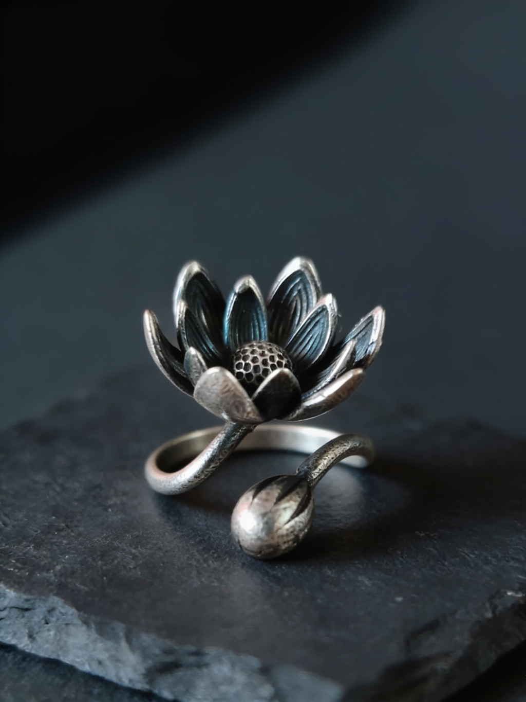 Lotus Bud Bloom Oxidised Silver-Look Adjustable Ring