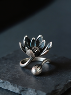 Lotus Bud Bloom Oxidised Silver-Look Adjustable Ring