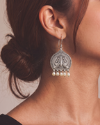 Madhuri Paan Leaf Peacock Oxidised Silver-Look Earrings