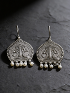 Madhuri Paan Leaf Peacock Oxidised Silver-Look Earrings