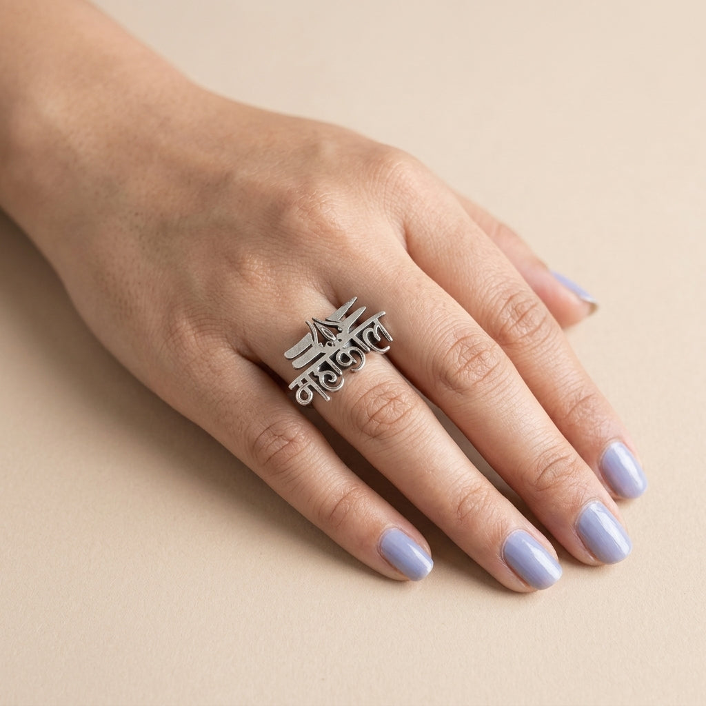 Mahakal Devanagari Oxidised Silver-Look Statement Ring
