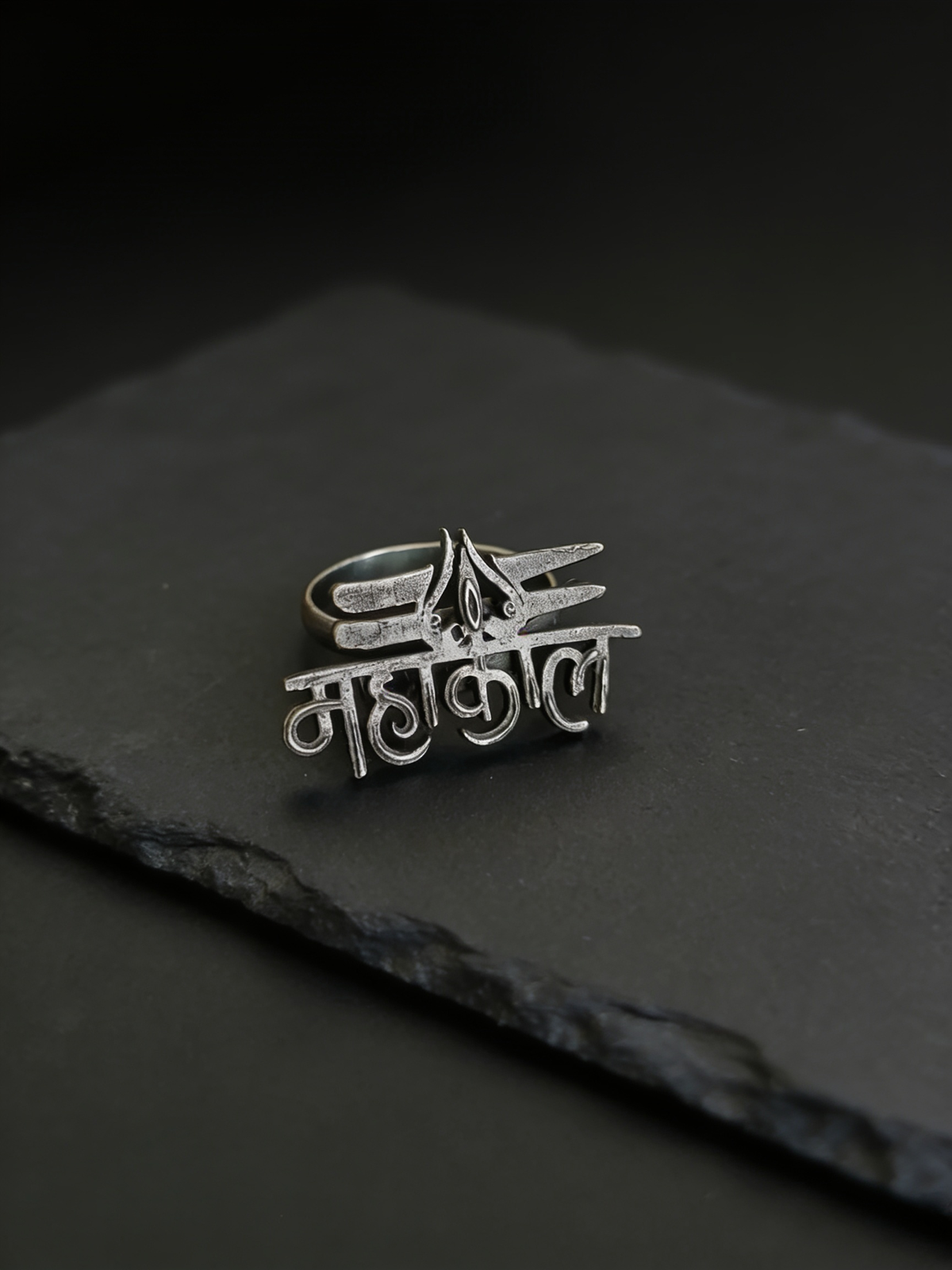Mahakal Devanagari Oxidised Silver-Look Statement Ring