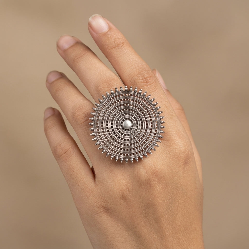 Nishan Concentric Disc Oxidised Silver-Look Statement Ring