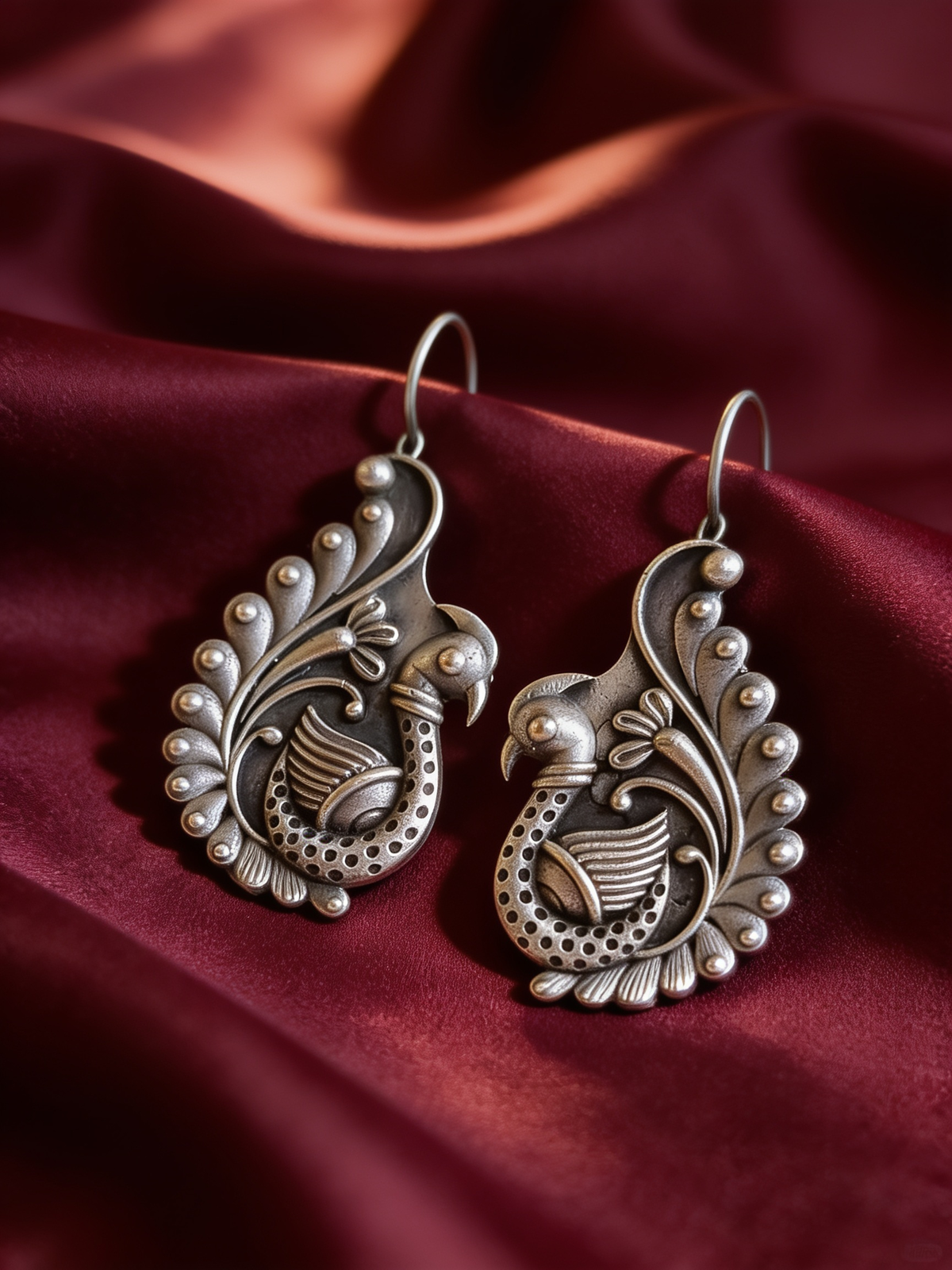 Peacock Spiral Oxidised Silver-Look Drop Earrings