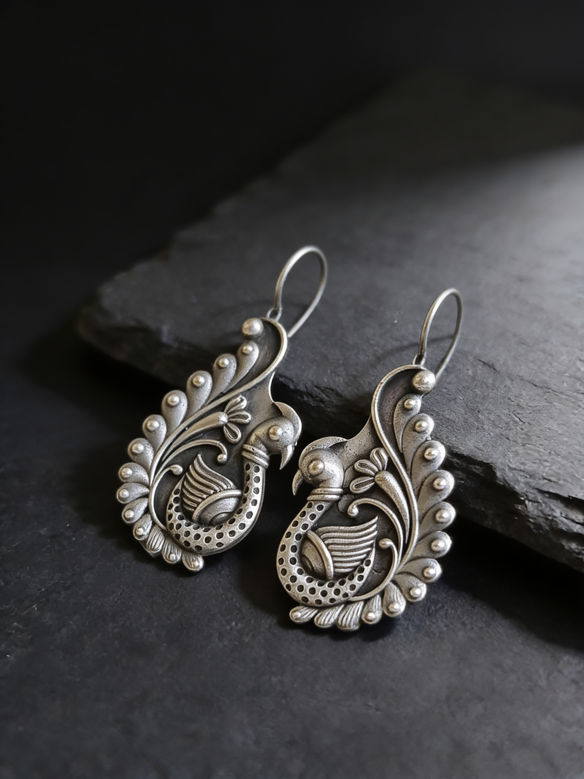 Peacock Spiral Oxidised Silver-Look Drop Earrings