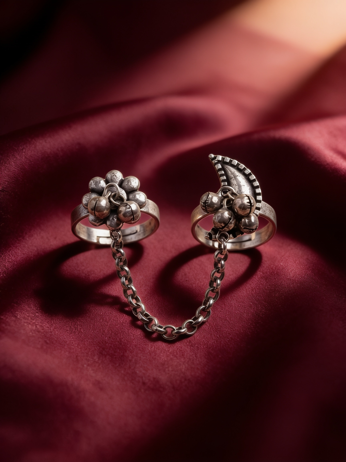Pushkara Two-Finger Chain-Linked Oxidised Silver-Look Ring