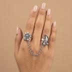 Pushkara Two-Finger Chain-Linked Oxidised Silver-Look Ring