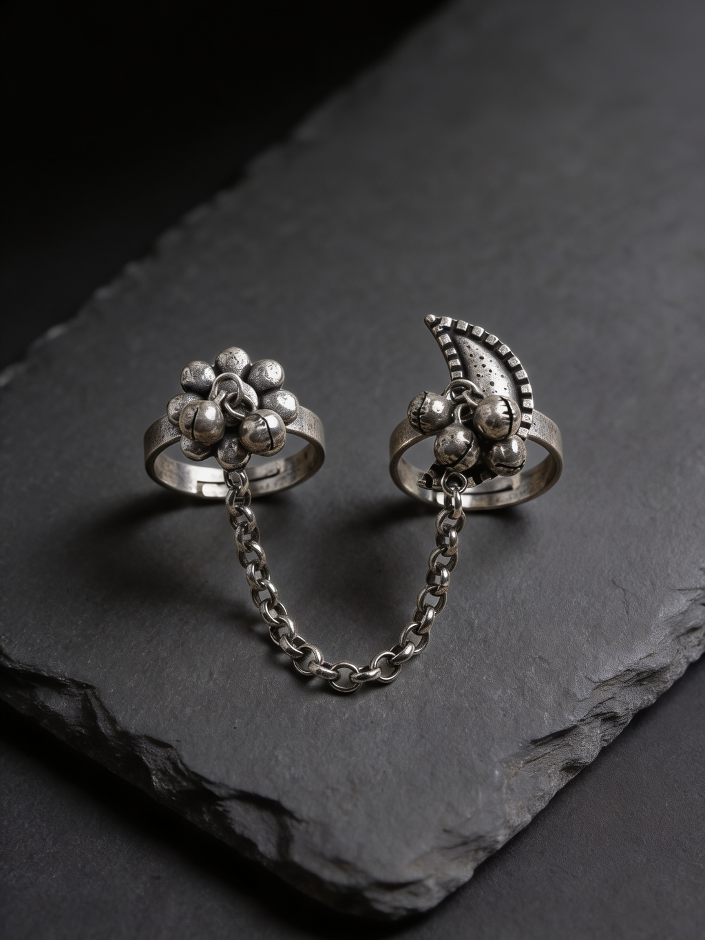Pushkara Two-Finger Chain-Linked Oxidised Silver-Look Ring