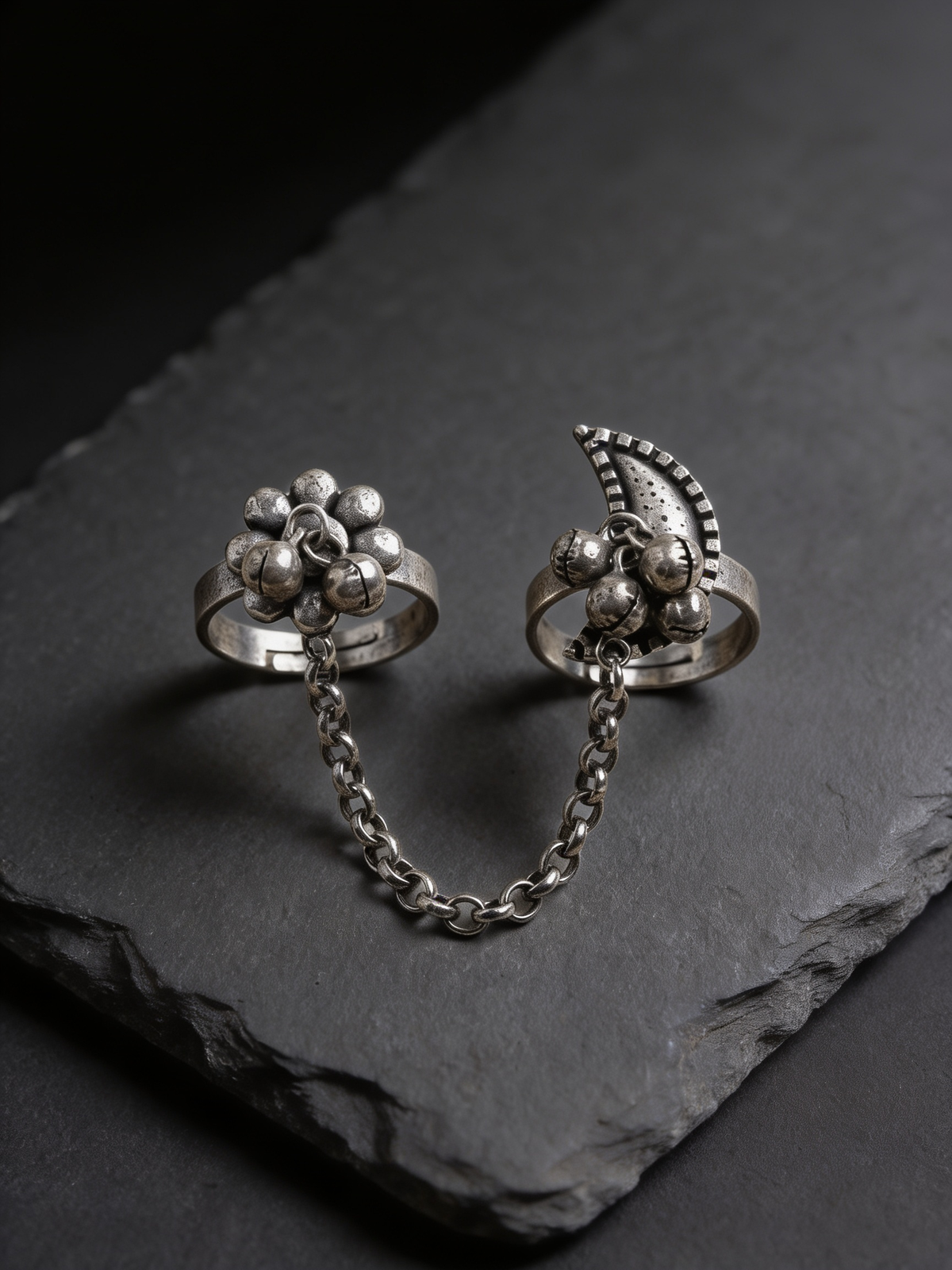 Pushkara Two-Finger Chain-Linked Oxidised Silver-Look Ring